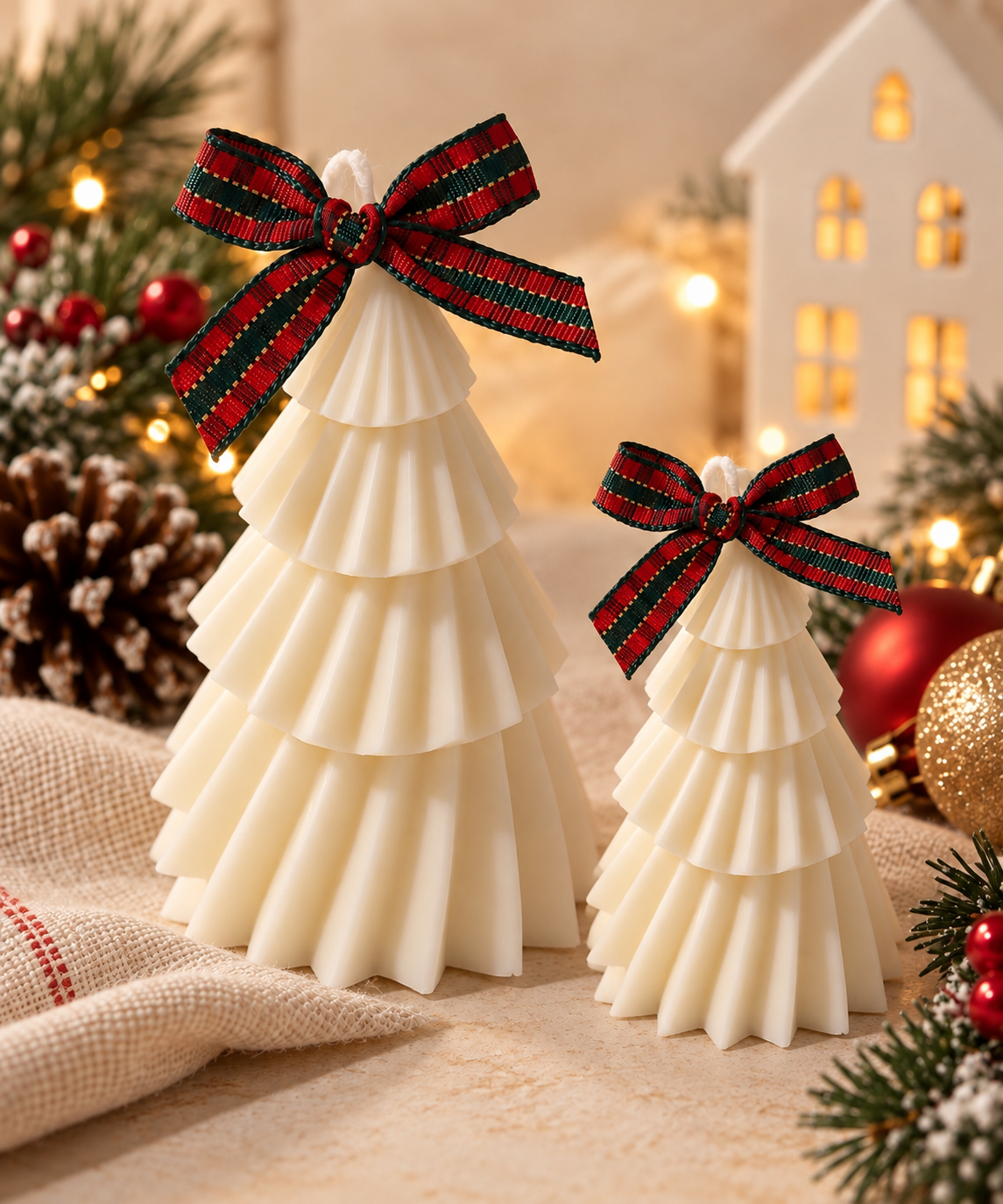 Plaid Bow Tree Candles – Set of 2